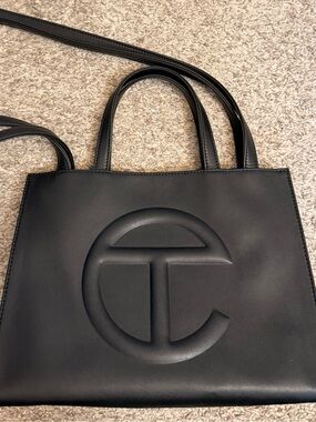 Black Leather Logo Tote Bag - Unbranded